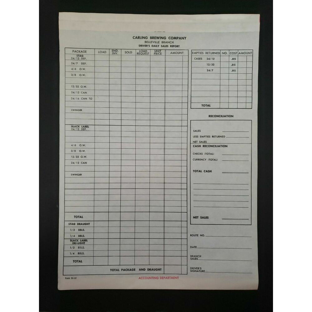 Carling Brewing Co Driver's Daily Sales Report‎ Carbon Copy Belleville IL New